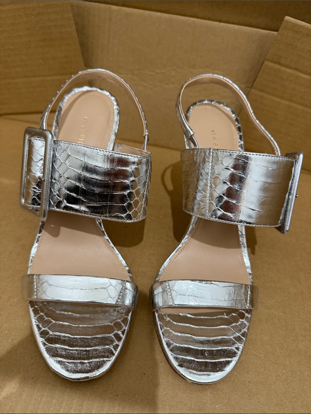 Via Spiga Metallic Silver Textured Slingback Heels